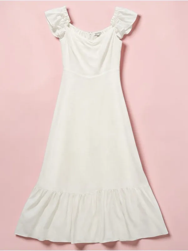 Reformation Ivory Midi Dress Puff Sleeve Ruffle Hem Size 8 - Image 2