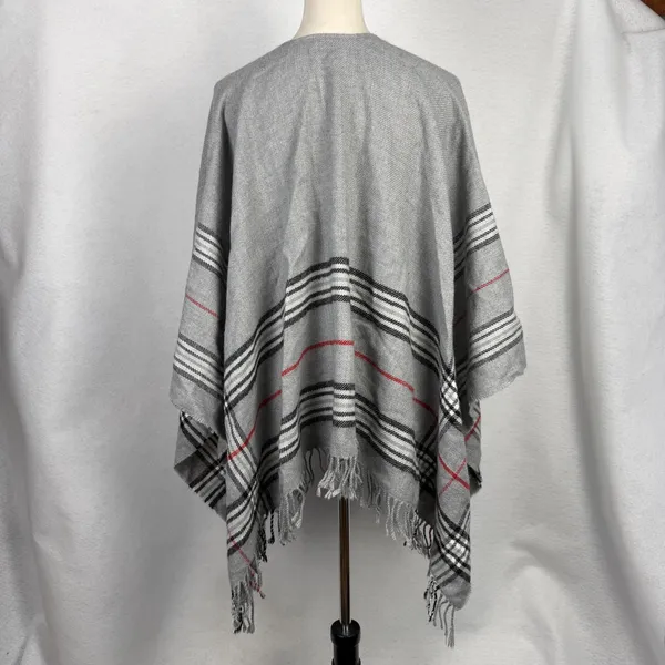 V. Fraas Wrap Shawl Scarf Womens One Size Plaid Fringe Open Front Grey - Image 3