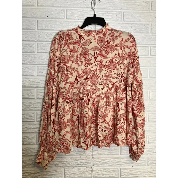 By Anthropologie peasant blouse off white‎ & red tie collar women's size small - Image 8