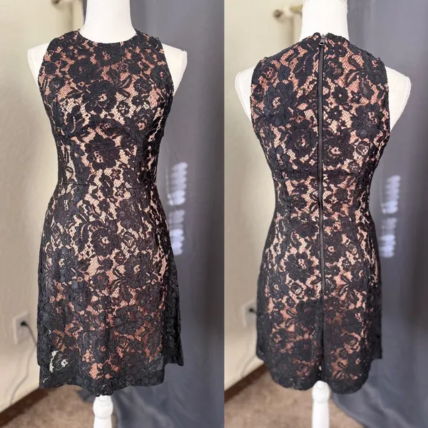 French Connection Floral Lace Sleeveless Mini Cocktail Dress Womens 4 Black Nude - Image 8