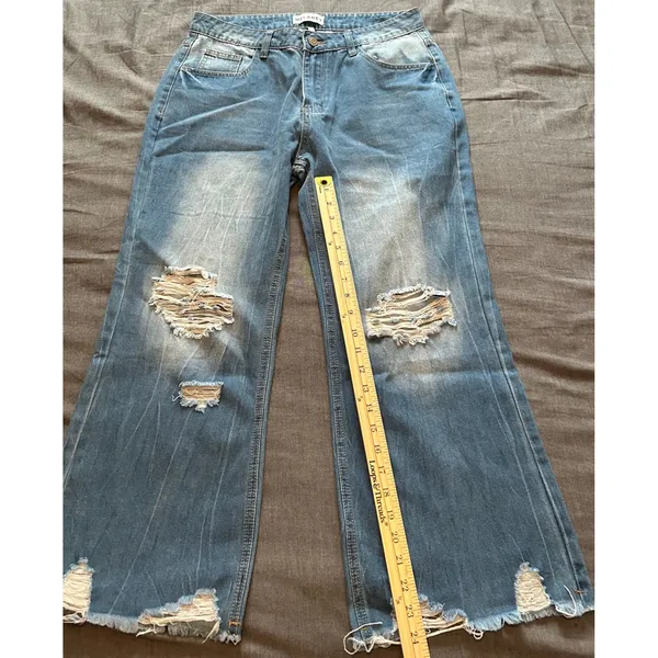 Melarey Blue Distressed Wide Leg Jeans Light Wash Frayed Hem Size L - Image 8