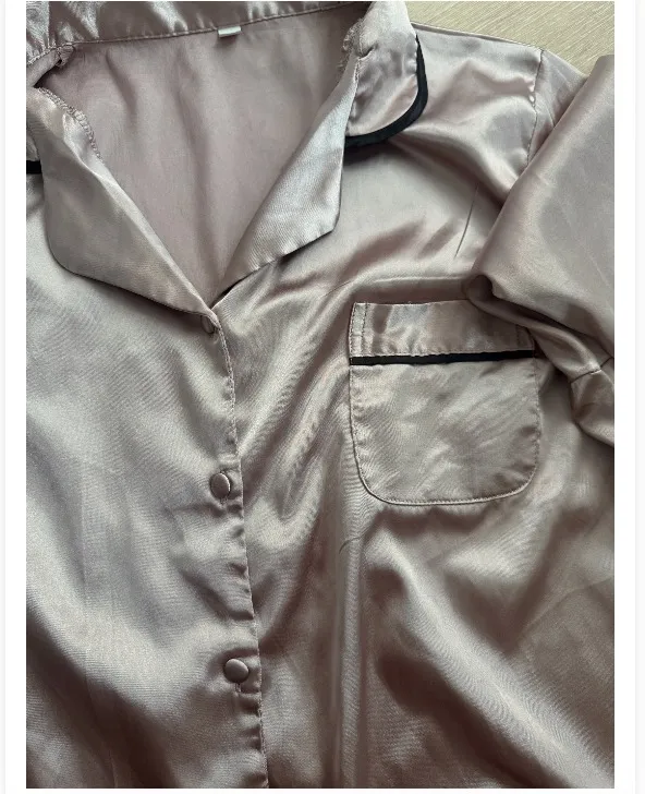 Blush Pink Satin Pajama Set with Black Piping — L - Image 2