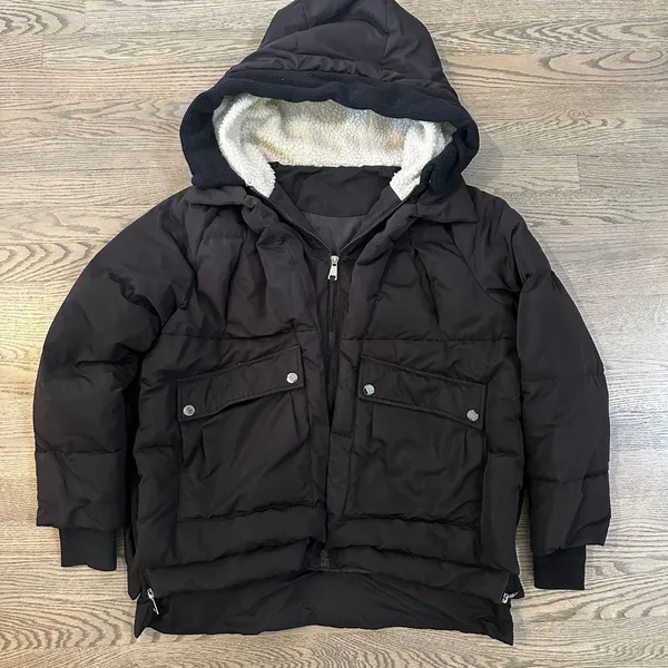 Black Down Puffer Coat Jacket Sherpa Lined Hooded Warm Winter Womens - Image 3