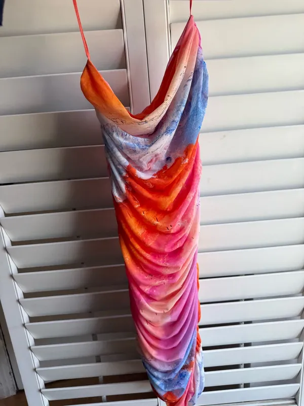 Zara Pink sunset Multiwatercolor Ruched Mini Dress sz m - Image 5