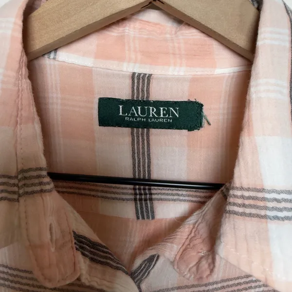 Lauren Ralph Lauren Women Cotton Button‎ Up Top Small Pink Plaid Preppy - Image 3