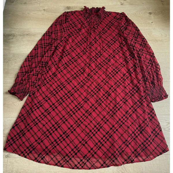 EUC Tommy Hilfiger Womens Red Flocked Plaid Flowy Dress velvet detail Size 14 - Image 2