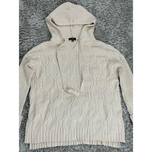 FATE Women Cable Knit Hoodie Sweater Cream Beige Long Sleeve Pullover Size M - Image 2