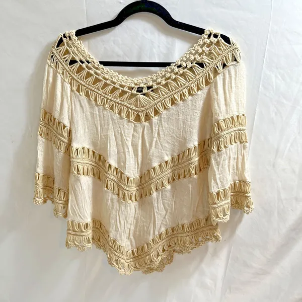 Papermoon Crop Top Women's Small Beige Macramé Style Cotton Style 3/4 Sleeves - Image 2