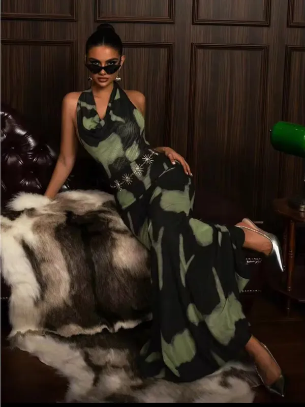 Faeriesty Dramatic mermaid Black Green Camo Halter neck Printed Maxi Dress S - Image 2