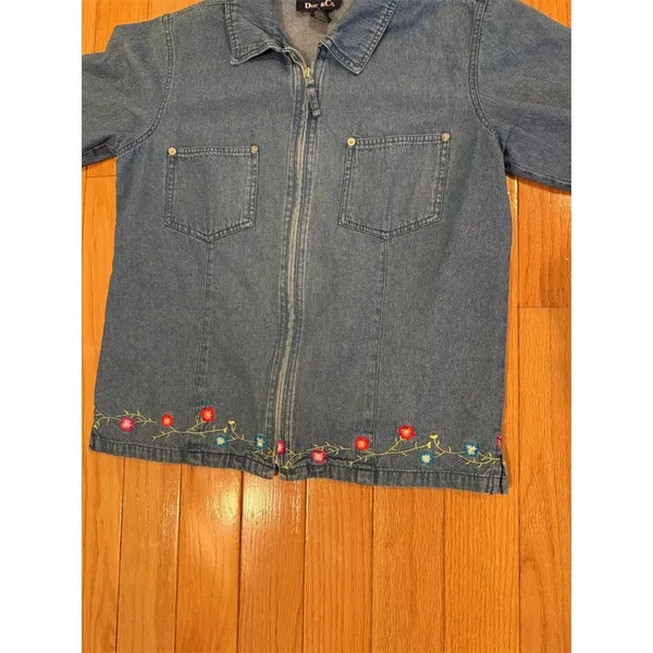 Denim & Co. Shirt Jacket Womens M Blue Denim Full Zip Short Sleeve Floral - Image 2