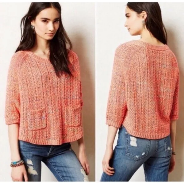 Moth Anthropologie Neon Orange Marled Knit Sweater Pockets XL‎ Raglan Boho Boxy - Image 2