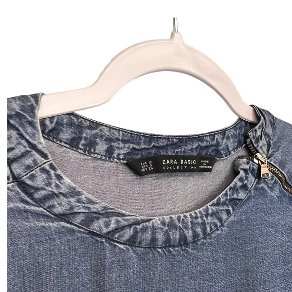 Zara Basic Long Sleeve Denim Shift Tunic Dress Shoulder Zip Blue Womens Size S‎ - Image 4