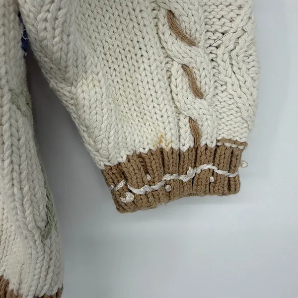 Vintage Floral Embroidered Cable Knit Sweater Cream‎ Pink Small Cottage - Image 3