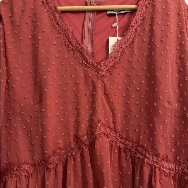 Dark pink long sleeve chiffon textured lace detail midi dress flirty Valentine - Image 3