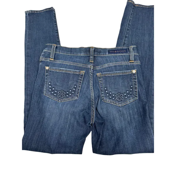 Rock & Republic‎ Womens Skinny Jeans Dark Wash Embroidered Logo Pockets Blue 4 - Image 2
