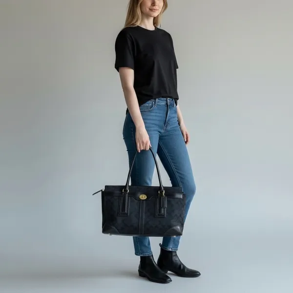 Coach Signature Hampton Black Monogram Canvas Leather Handbag - Image 15