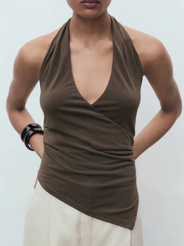 MANGO MNG - NWT Sleeveless Halter Wrap Top asymmetrical hem Brown - Image 2