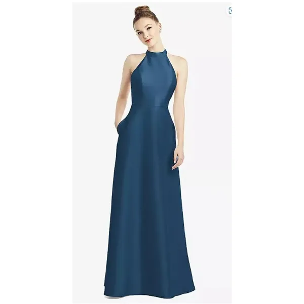 Alfred Sung D772 High‎ Neck Cutout Satin Twill Dress Dusk Blue Size 2 - Image 4