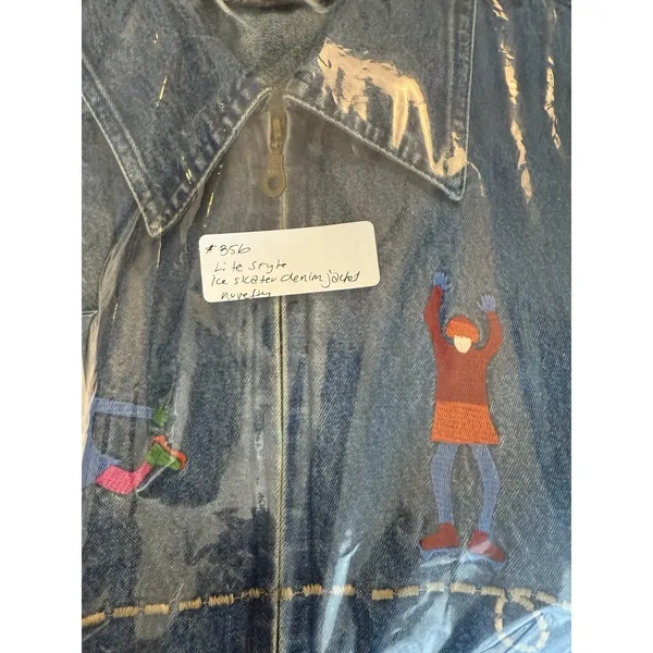Embroidered Novelty Shacket Ice Skaters Denim Jacket Winter whimsical Teacher M - Image 9