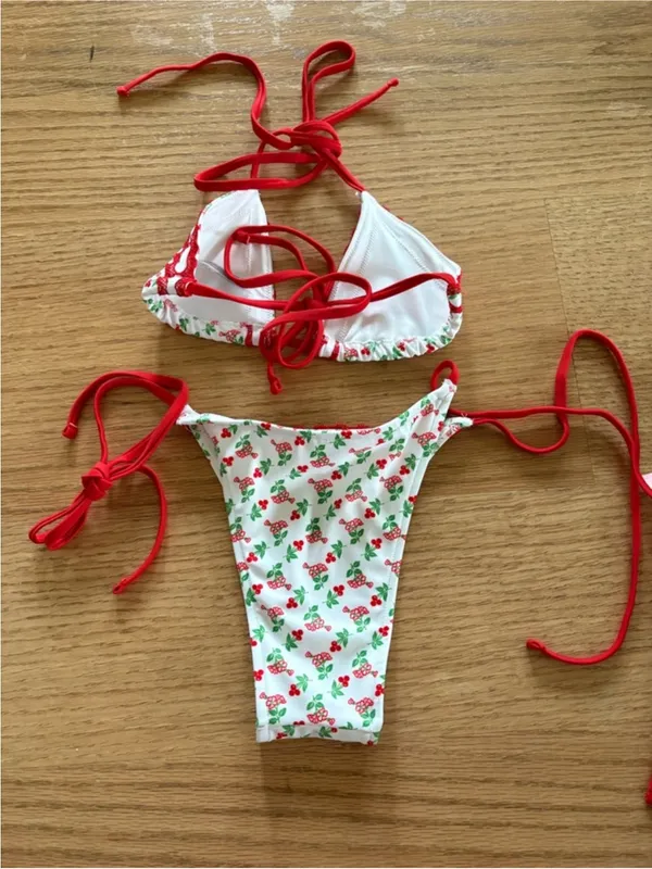 Frankie's Bikinis Red Cherry Print Triangle Bikini - Image 2