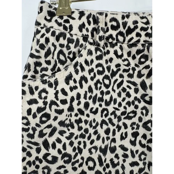 Know One Cares Leopard Micro Mini Denim Skirt Size L Cream Black Raw Hem Summer - Image 3