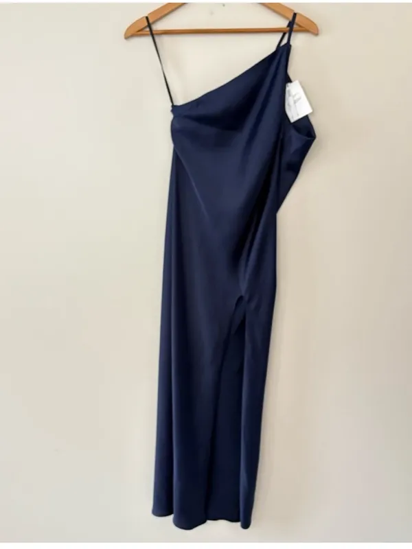 ASOS Navy One Shoulder Satin Midi Dress Side Slit Drape Back Elegant Evening 4 - Image 3