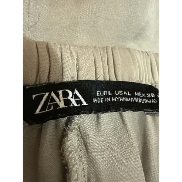 Zara Women's Beige Khaki High Waisted Drawstring Wide Leg Trousers Pants Size L - Image 5