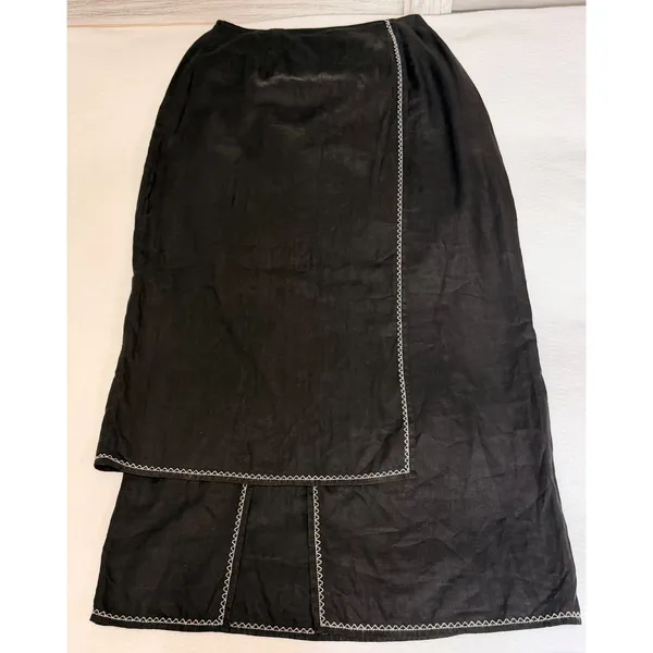 J. Jill Black 100% Linen Faux Wrap Maxi Skirt White Contrast Stitching Size 4 - Image 4