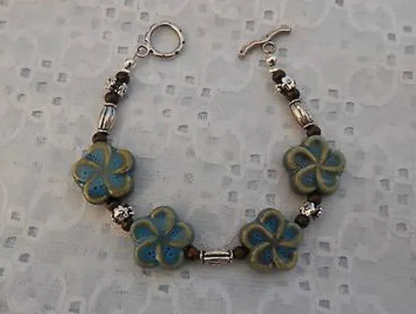 Handmade NEW! Earthy Beaded Toggle Bracelet W Ceramic Flower Beads. 7.25” - Image 2