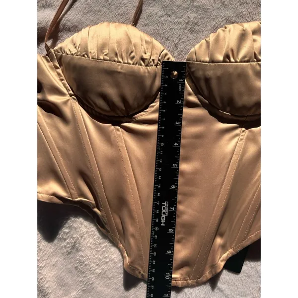 PRETTYLITTLETHING GOLD STRUCTURED SATIN SPLIT HEM HALTERNECK CORSET TOP size 6 - Image 11