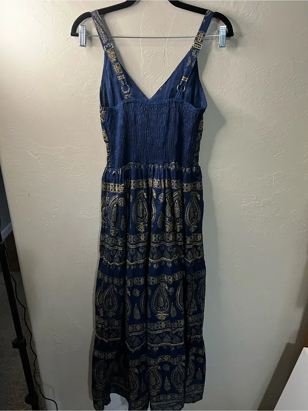 Me 2 Magic Navy Gold Sequin Paisley Smocked Boho Festival Maxi Dress - Image 8