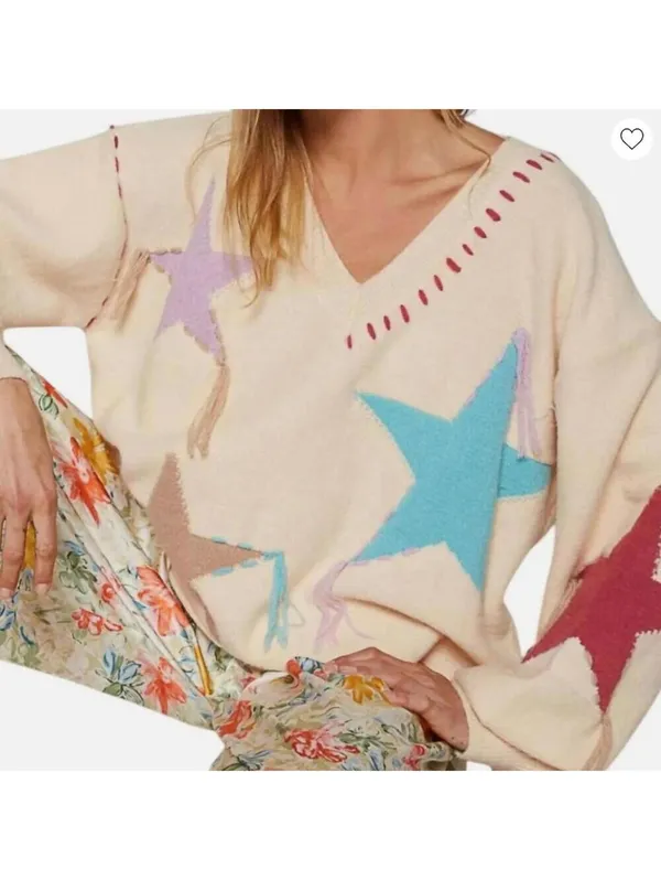 POL Patchwork Star Sweater - Beige V Neck Thick Knit Size Medium - Image 2