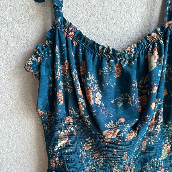 💙Natural Life Eloise Teal Blue Floral Smocked Tie Strap Tank Top - Image 3