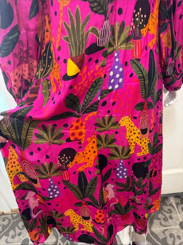 Farm Rio Jungle Print Maxi Dress Womens Pink Leopard Monkey Long Sleeve Sz S - Image 13