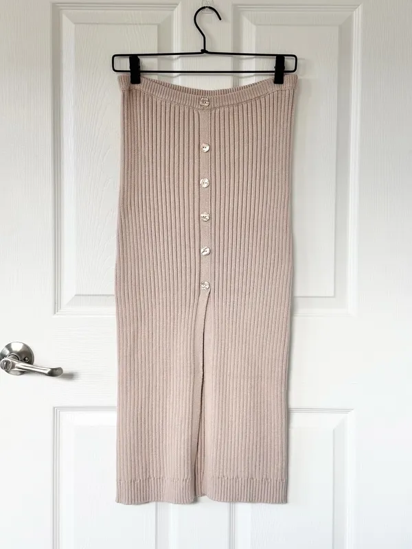 REVOLVE LPA Ribbed Knit Midi Skirt in Blush Beige with another of Pearl Buttons - Image 3
