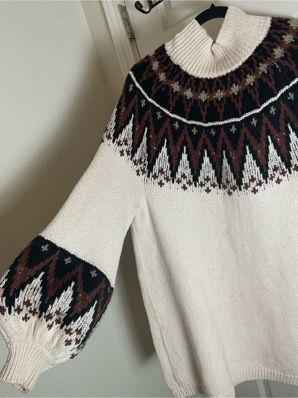 Free People Scotland Fair Isle Balloon Sleeve Mock Neck Sweater Dress M - Image 8
