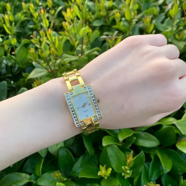 Haband Gold Color Quartz Watch Rectangle Face w/ Chain Link Band // - Image 2