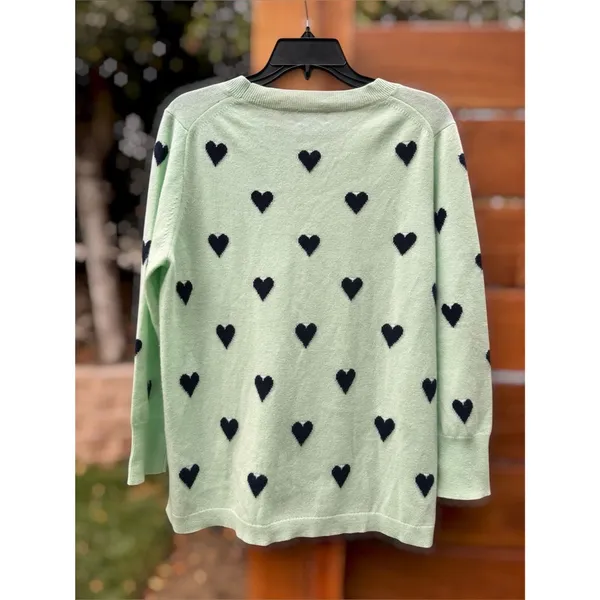 J.Crew 100% Cashmere Heart Print Sweater Mint Green Navy Blue Hearts XL Crewneck - Image 3