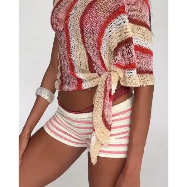 Indah Shawl Stripes Gia One Size Red Pink Cream - Image 7
