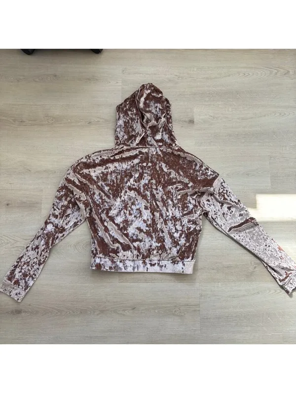 Fabletics NWOT Crushed Velvet Zip Up Hoodie Jacket Twisted Waistband Brown M - Image 9