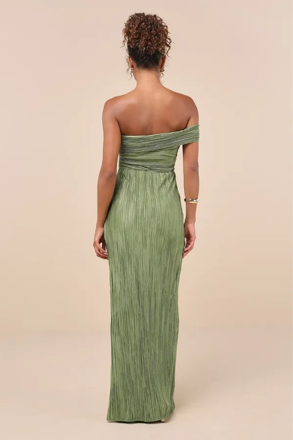 Lulus - Poised Performance Olive Green Plisse One-Shoulder Maxi Dress - Image 5