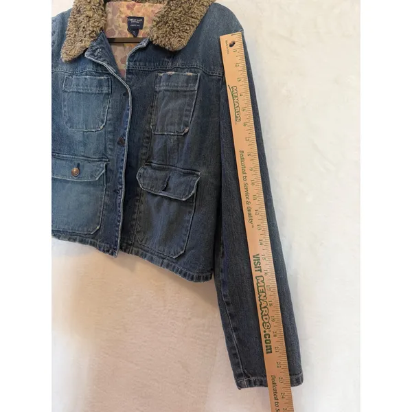American Eagle Denim Jacket XL Womens Faux Shearling Collar Floral Lining Blue - Image 3