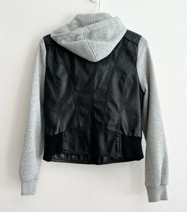 Last Kiss Y2K Black Leather Hybrid Gray Hooded Zip Moto Jacket Size Medium - Image 5