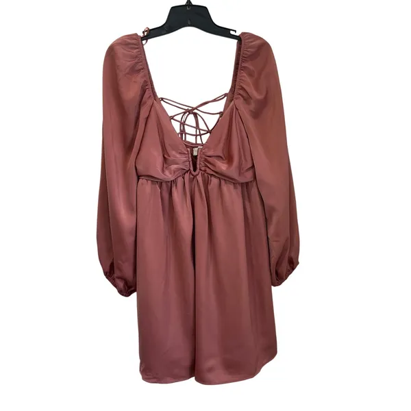 The Post Satin Long‎ Sleeve Mini Dress Lace-Up Back Coquette Pink Party L - Image 2