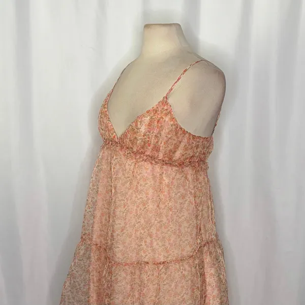 ZARA Organza Pink Peach Floral Maxi Dress Tiered Sundress Summer Vacation Medium - Image 7
