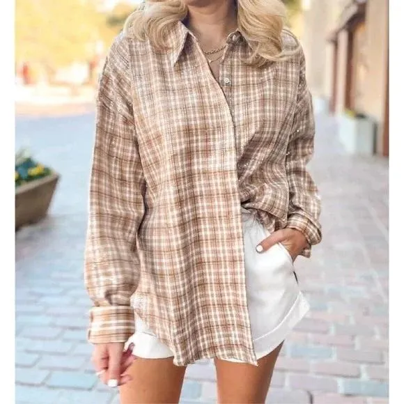 Princess Polly Plaid Shirt Womens Size 2 Jacket Long Sleeve Button‎ Up Top Brown - Image 9