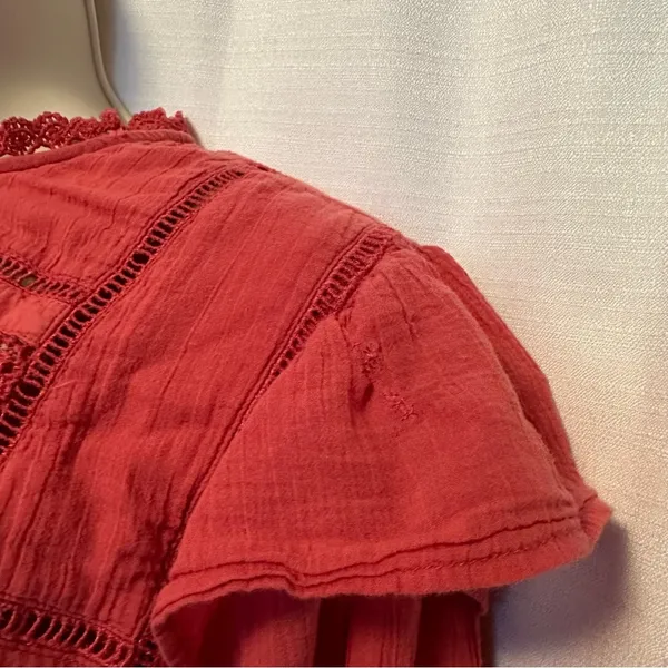 Free People Laura Western Top Red Berry Size XS Boho Embroidered FLAW Repaired - Image 6