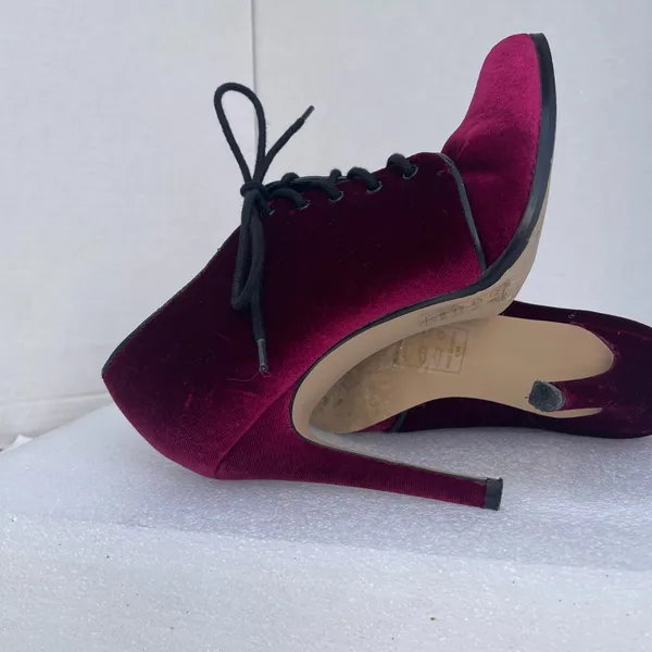 Velvet Lace-Up High Heel Booties in Burgundy - Image 5
