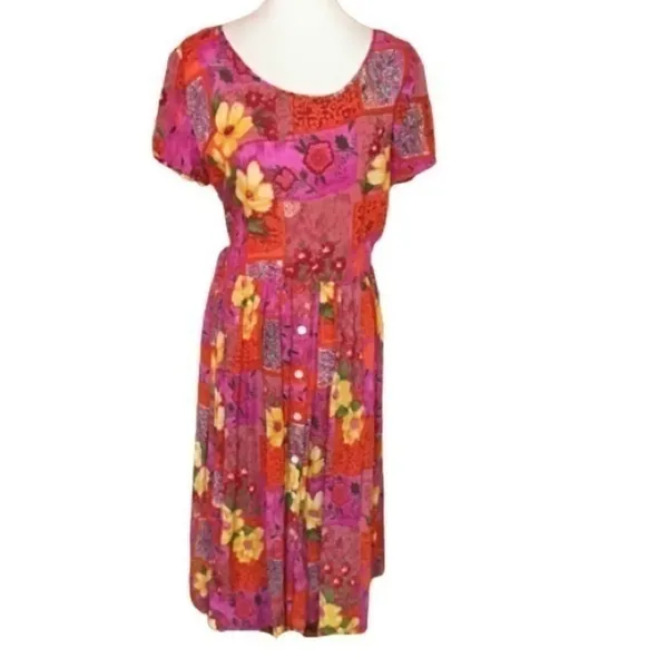 BILA Boho Patchwork Floral Midi Dress Pink Red Rayon Size Small - Image 2