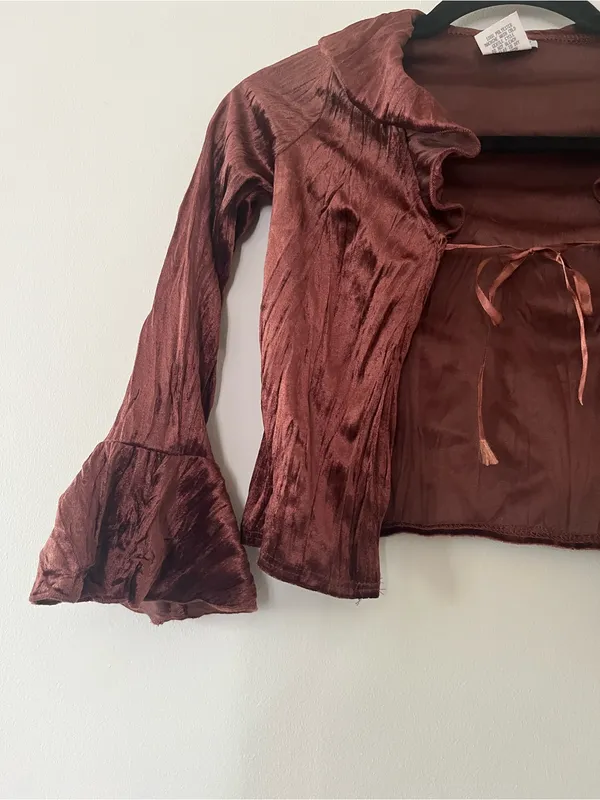 Vintage Y2K Chocolate Brown Velvet Tie Front Bell Sleeve Bolero Top Small - Image 2